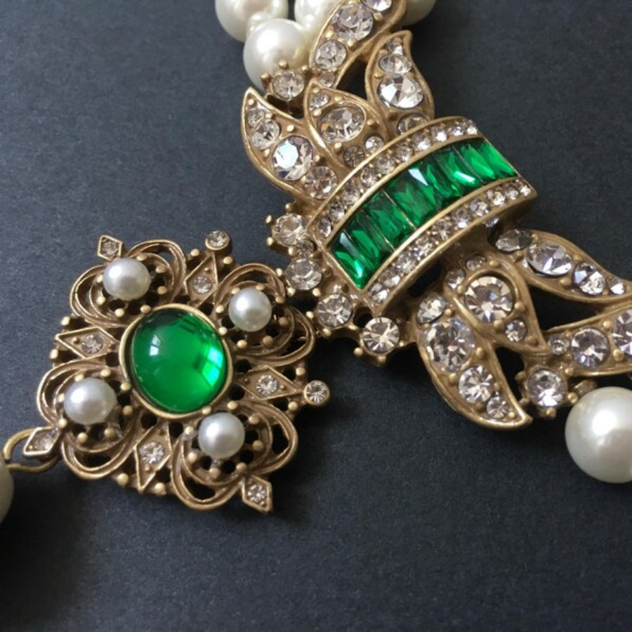 Vintage Green Agate &amp; Pearl Necklace &amp; Earrings Set