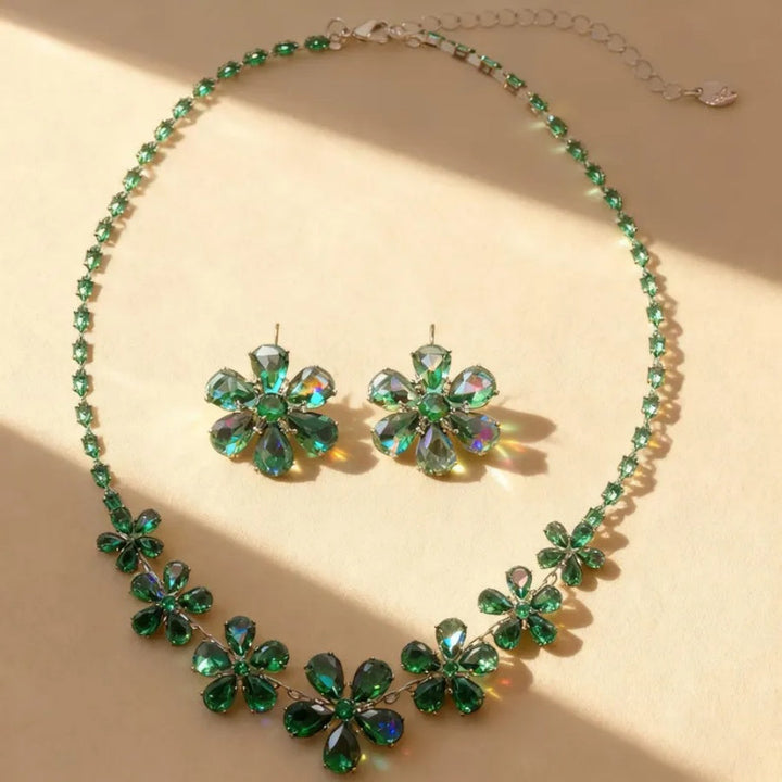 Green Crystal Flower Necklace &amp; Earrings Set