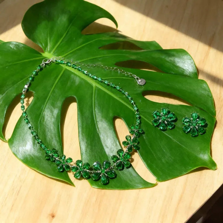 Green Crystal Flower Necklace &amp; Earrings Set