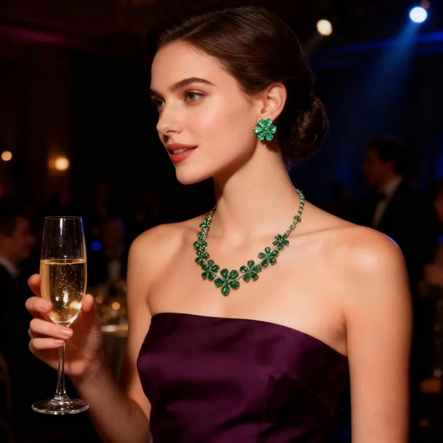 Green Crystal Flower Necklace &amp; Earrings Set