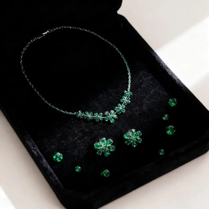 Green Crystal Flower Necklace &amp; Earrings Set
