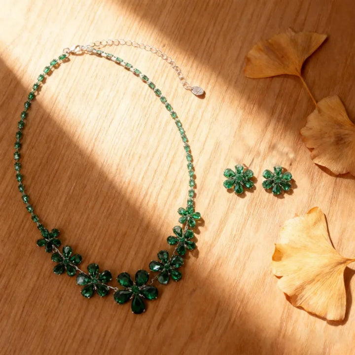 Green Crystal Flower Necklace &amp; Earrings Set