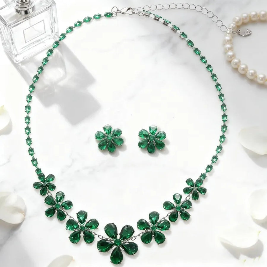 Green Crystal Flower Necklace &amp; Earrings Set