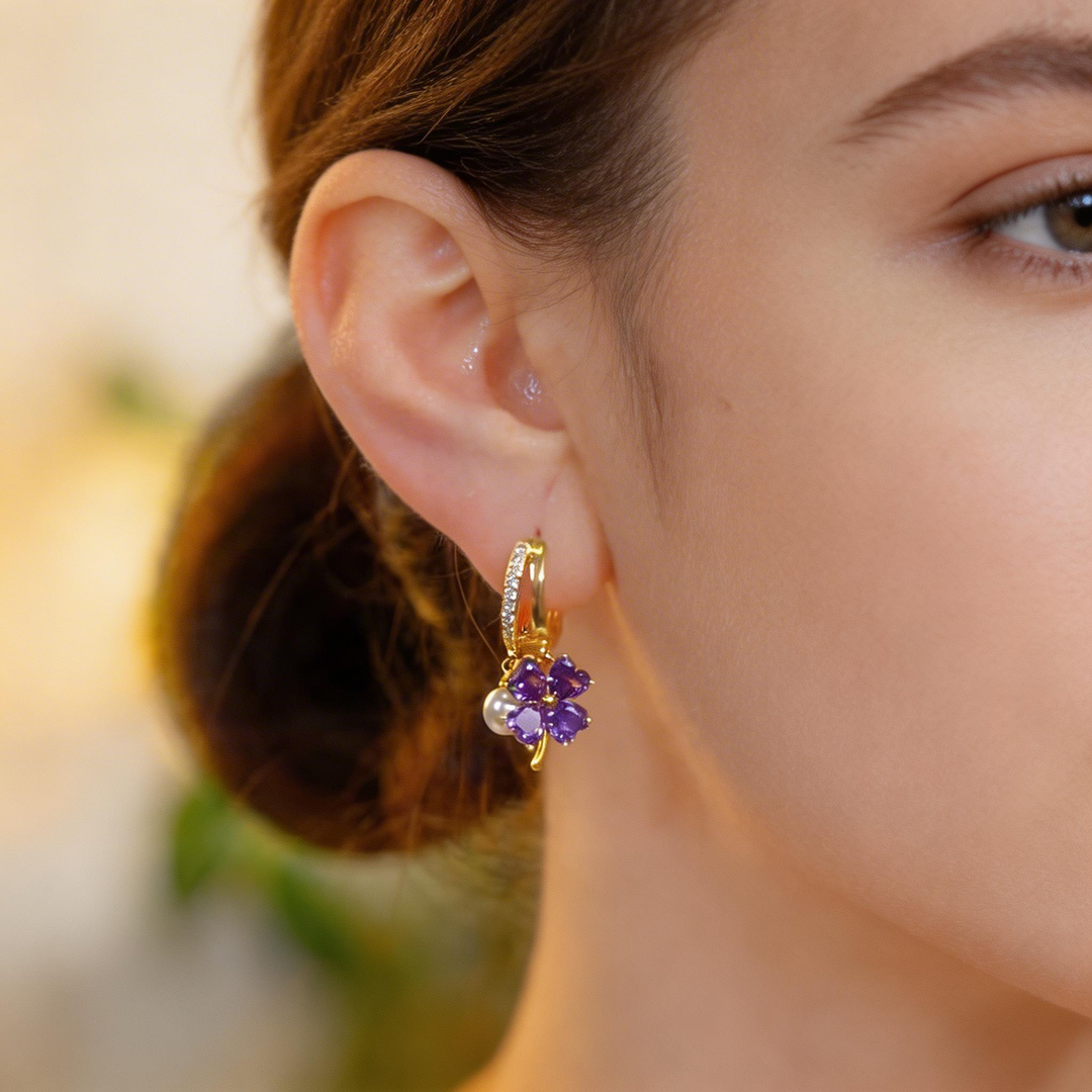 Elegant Clover Amethyst Pearl Earrings