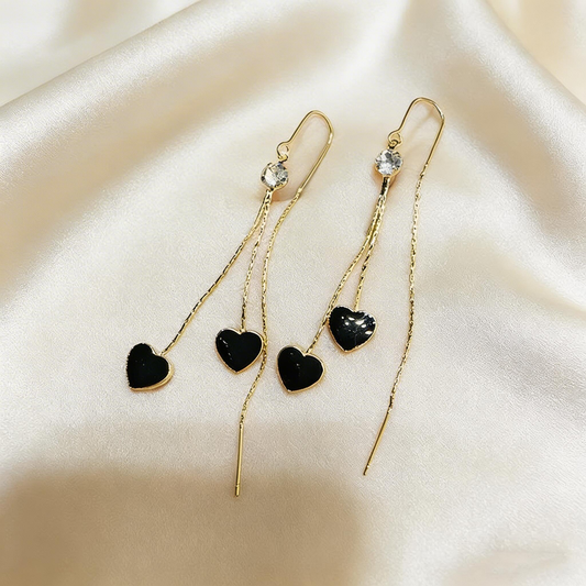 Elegant Double Black Heart Tassel Threader Earrings