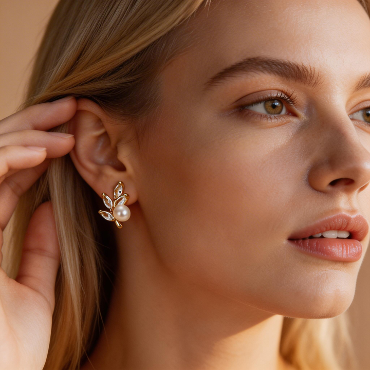 Elegant Leaf &amp; Pearl Stud Earrings