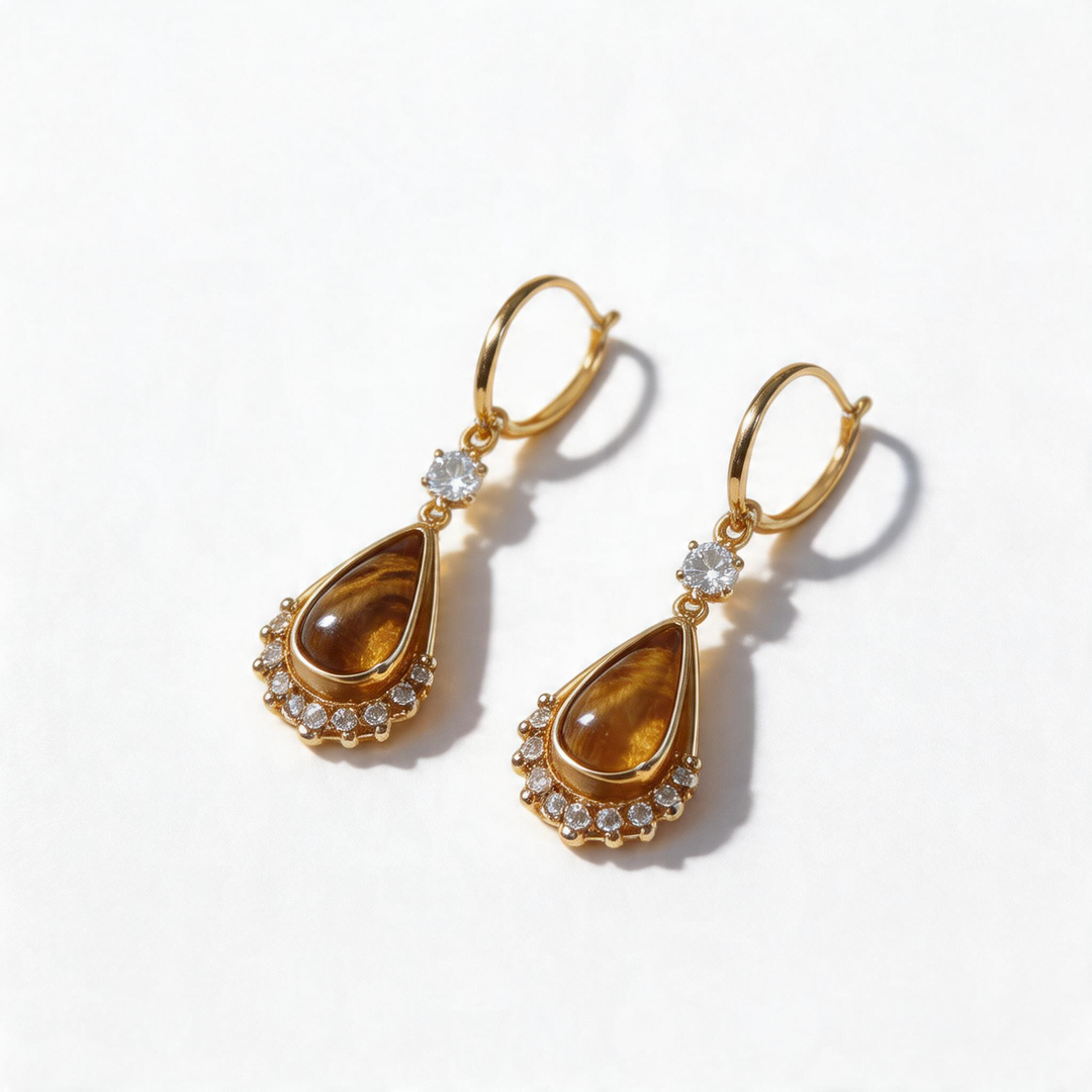 Tiger’s Eye Teardrop Drop Hoop Earrings