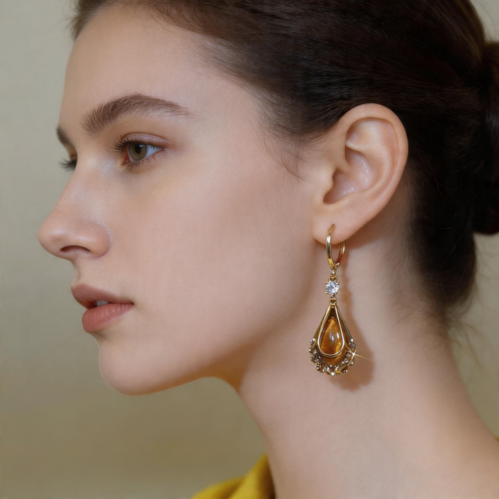 Tiger’s Eye Teardrop Drop Hoop Earrings