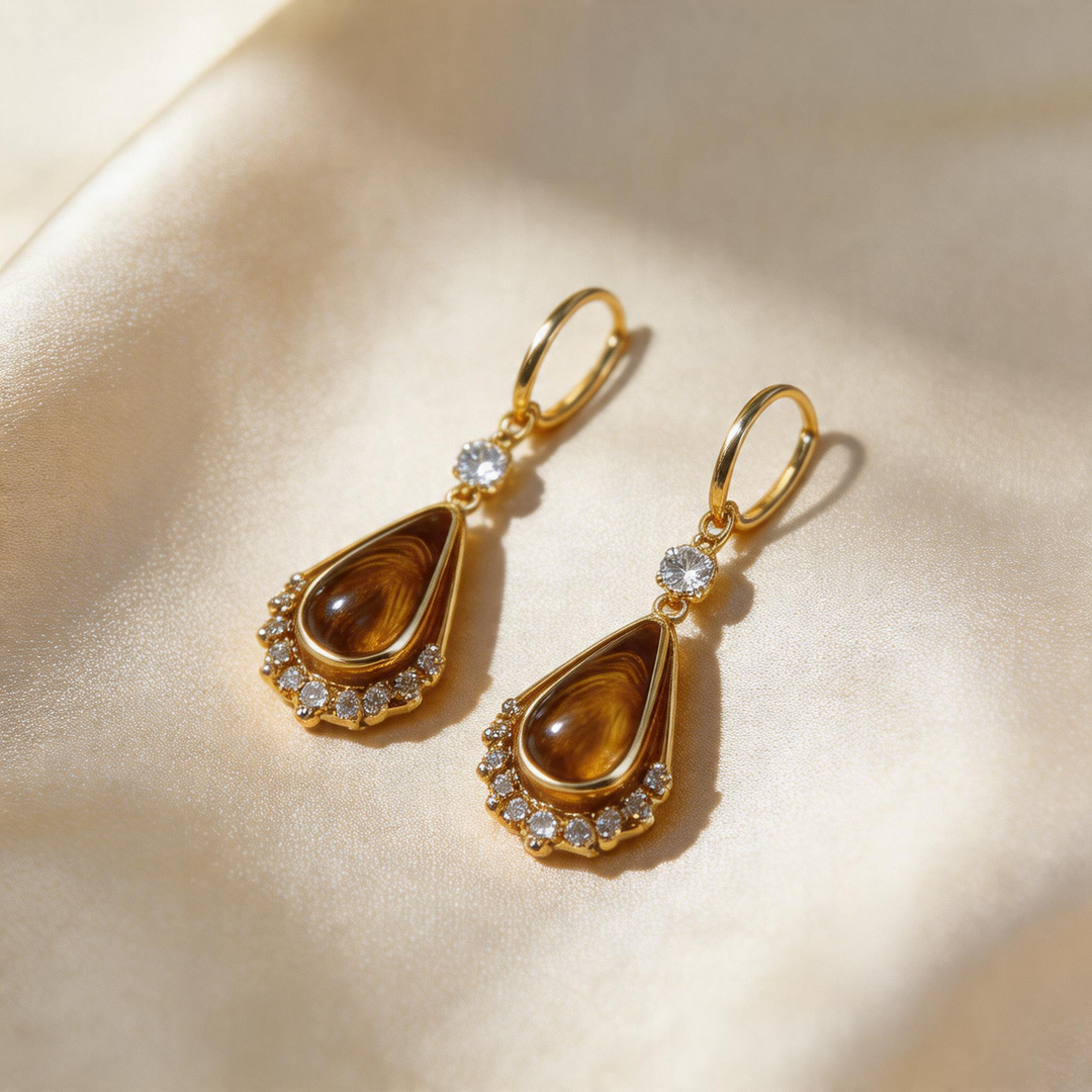 Tiger’s Eye Teardrop Drop Hoop Earrings
