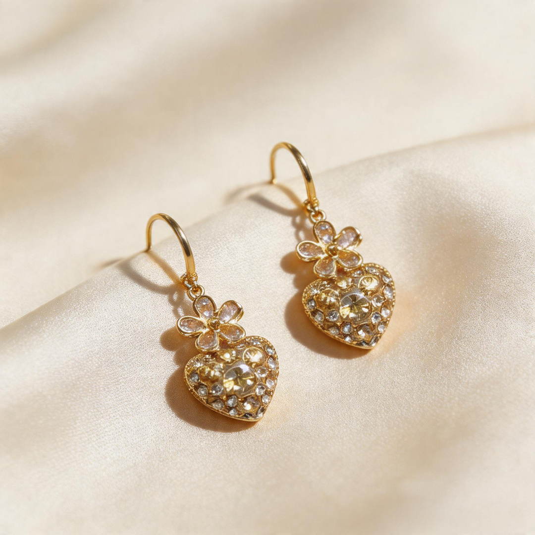 Vintage Glow Floral Heart Drop Earrings